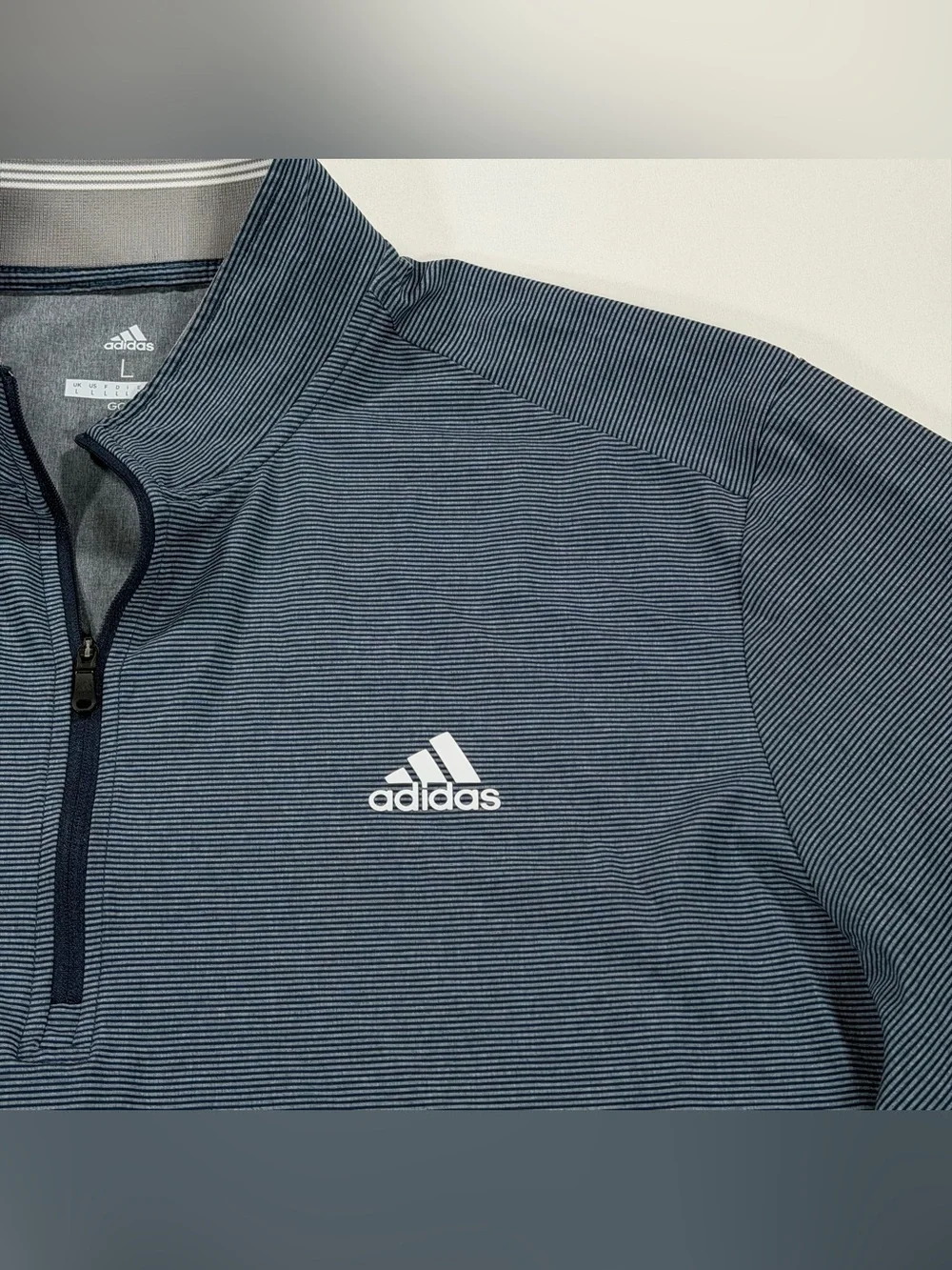 Adidas Golf Pullover Mens Large 1/4 Zip Blue Gray Micro Striped Jacket Pockets